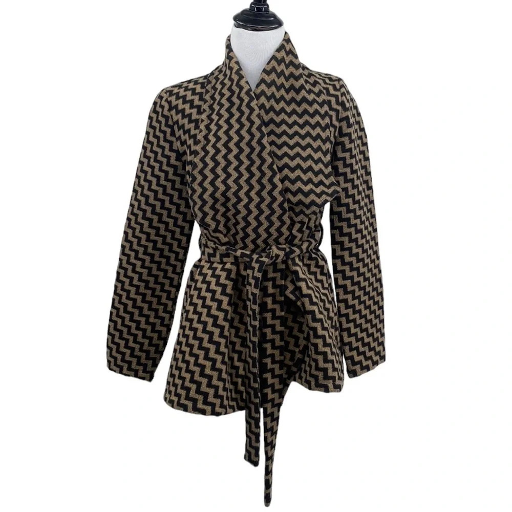 Anthropologie Tulle Jacket Womens Small Brown Black Chevron Zig Zag Wrap